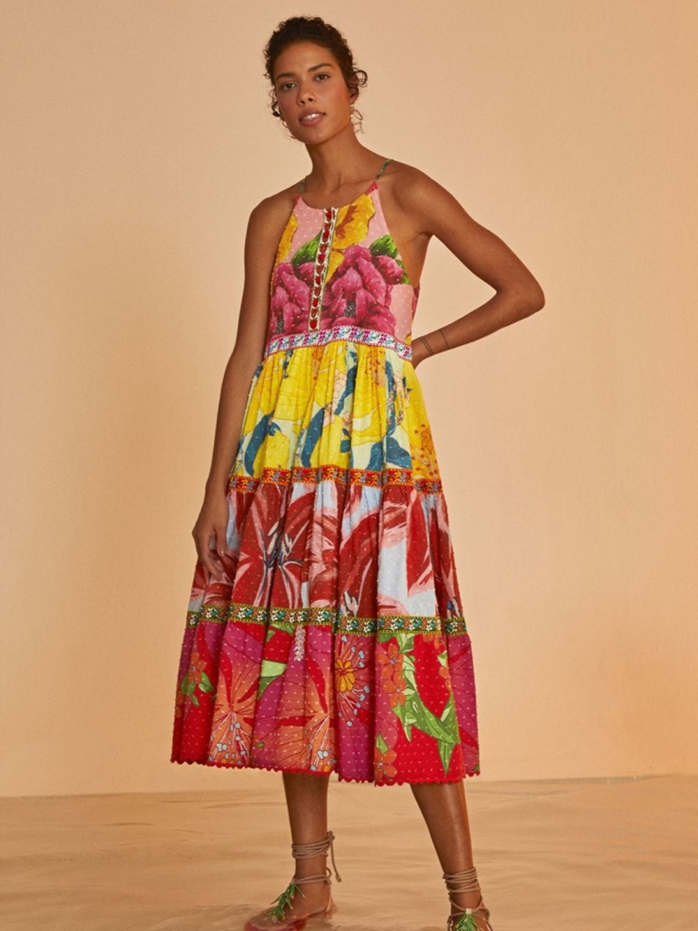 Farm Rio Vibrant Multicolor Floral Halter Midi Dress